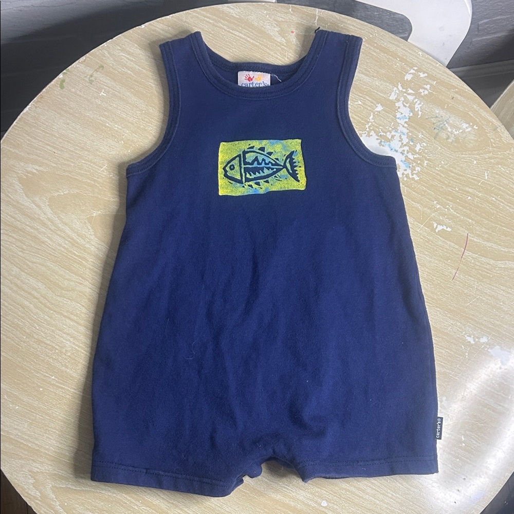 Carter's vintage Navy Blue fish shirts romper